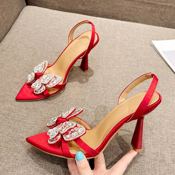 Elegant Pointed Toe Slingback Sandals for Women with Crystal Accents and Thin High Heels